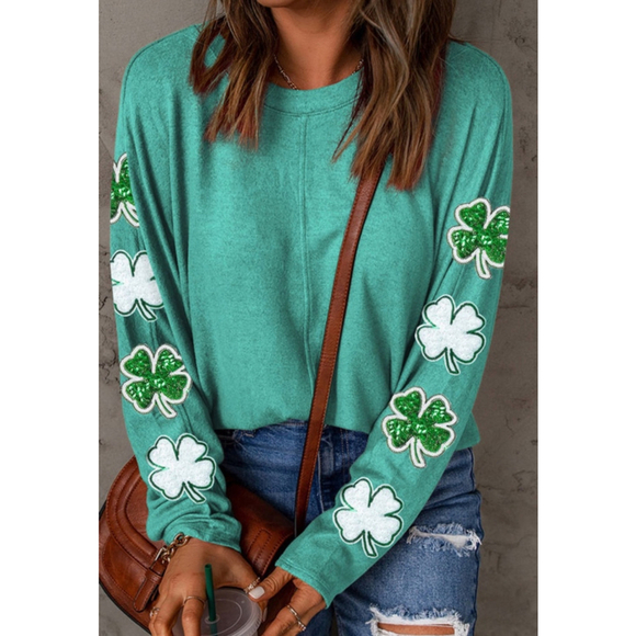 St Patrick’s Long Sleeve Top with White and Green Sequin Shamrocks - Picture 1 of 5